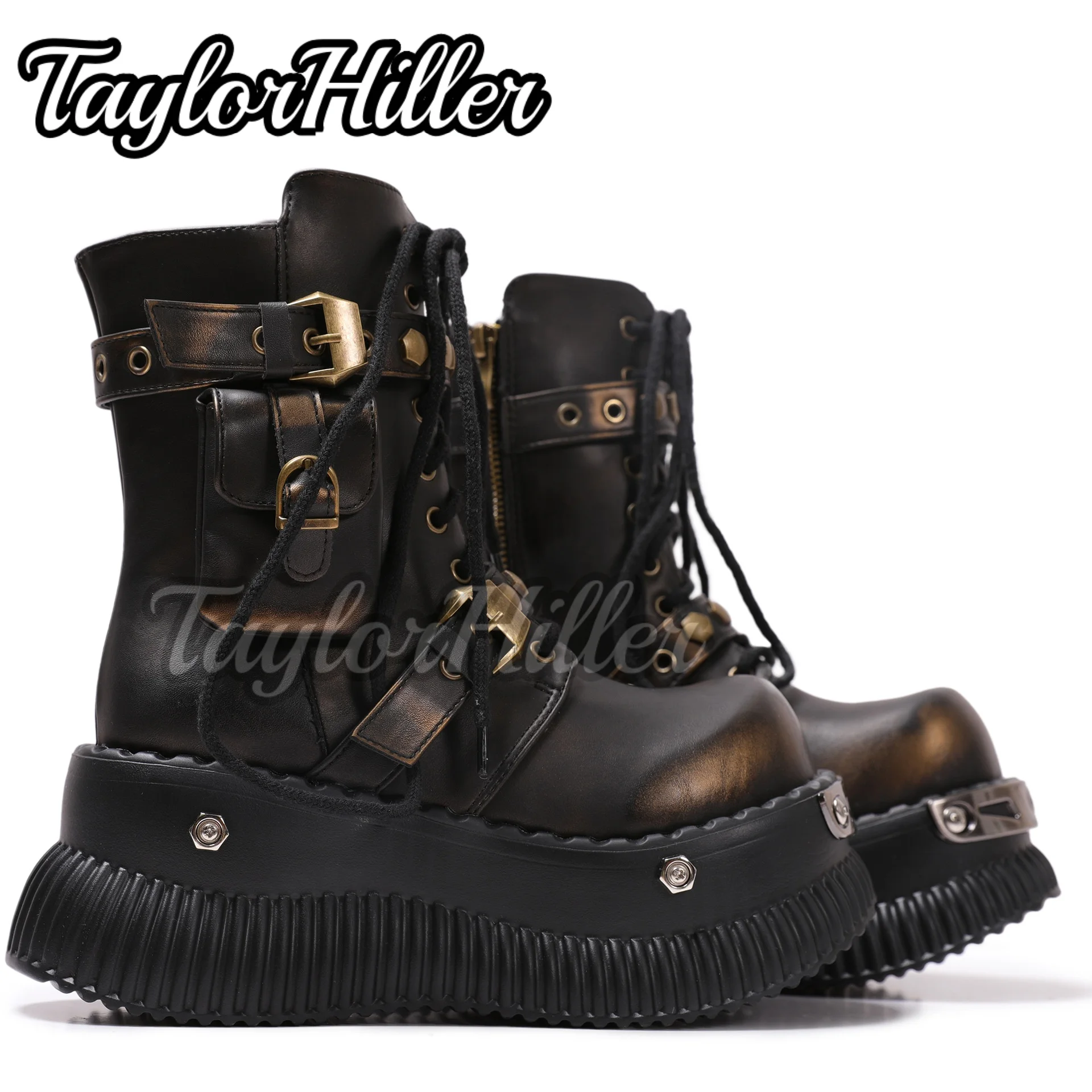 Rock Brown Mixed Color Boots Round Toe Botas Square Heel Belt Rivets Lace Up Shoes Autumn Winter Man Women Zapatos De Mujer 2025 view 4
