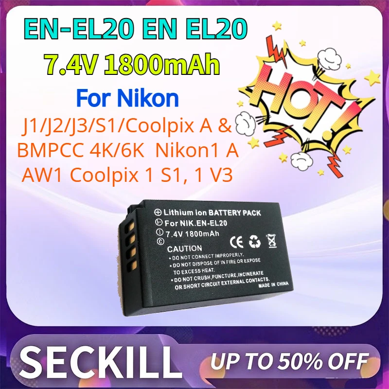 7.4V 1800mAh EN-EL20 EN-EL20 Camera Battery for Nikon J1/J2/J3/S1/Coolpix A & BMPCC 4K/6K Nikon1 A AW1 Coolpix 1 S1, 1 V3