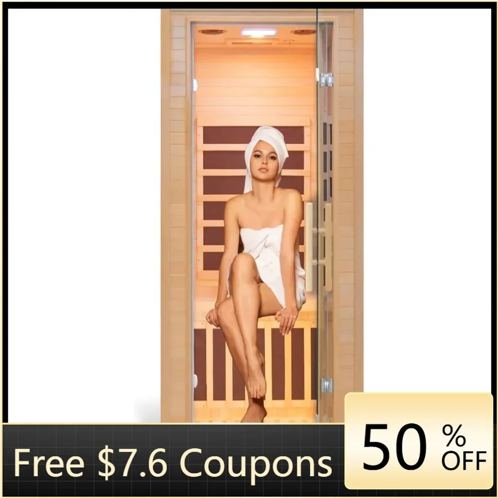 Infrared Home Sauna Room 1 Person Hemlock Wooden Indoor，Low EMF,LCD Control Panel,10 Minutes Pre-Warm up,Time and Temp Pre-Set