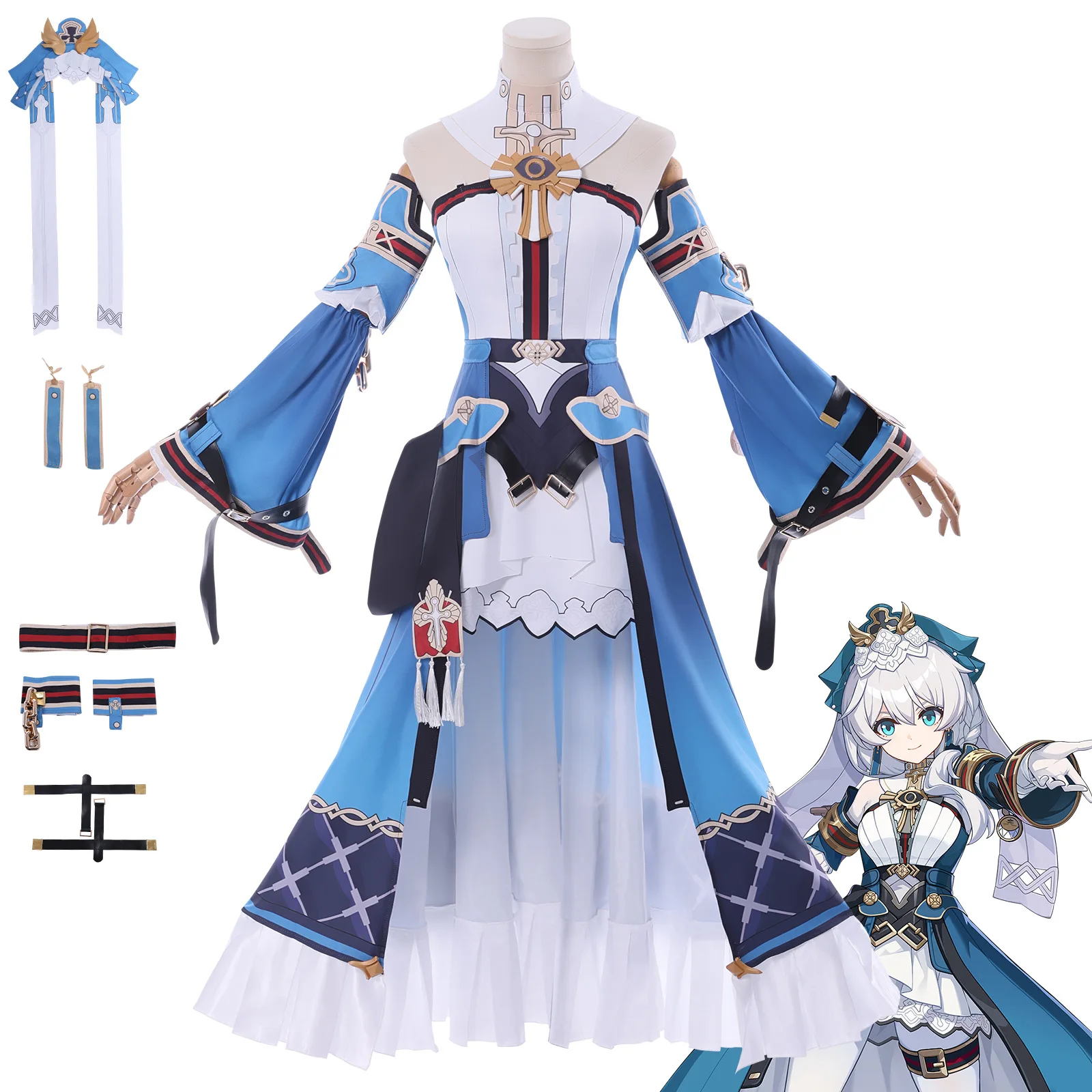 In Stock Honkai Impact 3 Collaborator Apocalypse Theresa Cosplay Costume wig Blue Dress With Hat Women Halloween Party Roleplay