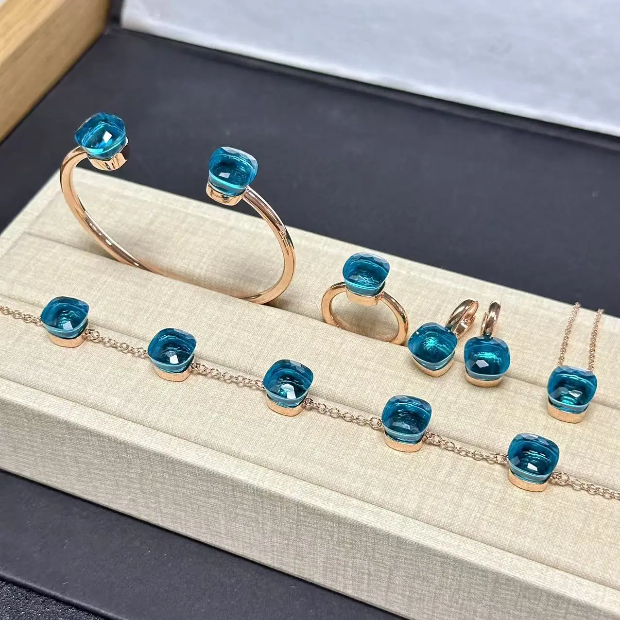 

5Pcs/Set Women Ring Earrings Necklace Bracelet Jewelry Set 20Colors Crystal Jewelry Set Gold Plated Fashion Jewelry