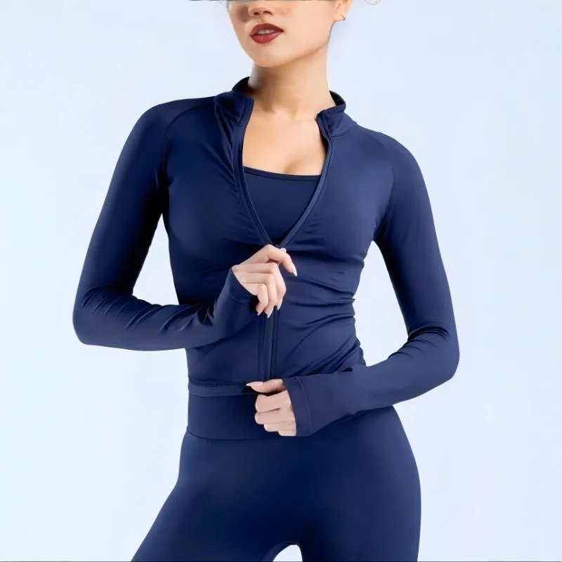 Nahtloses, langärmliges Yoga-Oberteil für Damen mit Reißverschluss vorne, sportliche Laufjacke, Stehkragen, Kompression, weiche Fitnessbekleidung, Lounge-to-Fitnessstudio