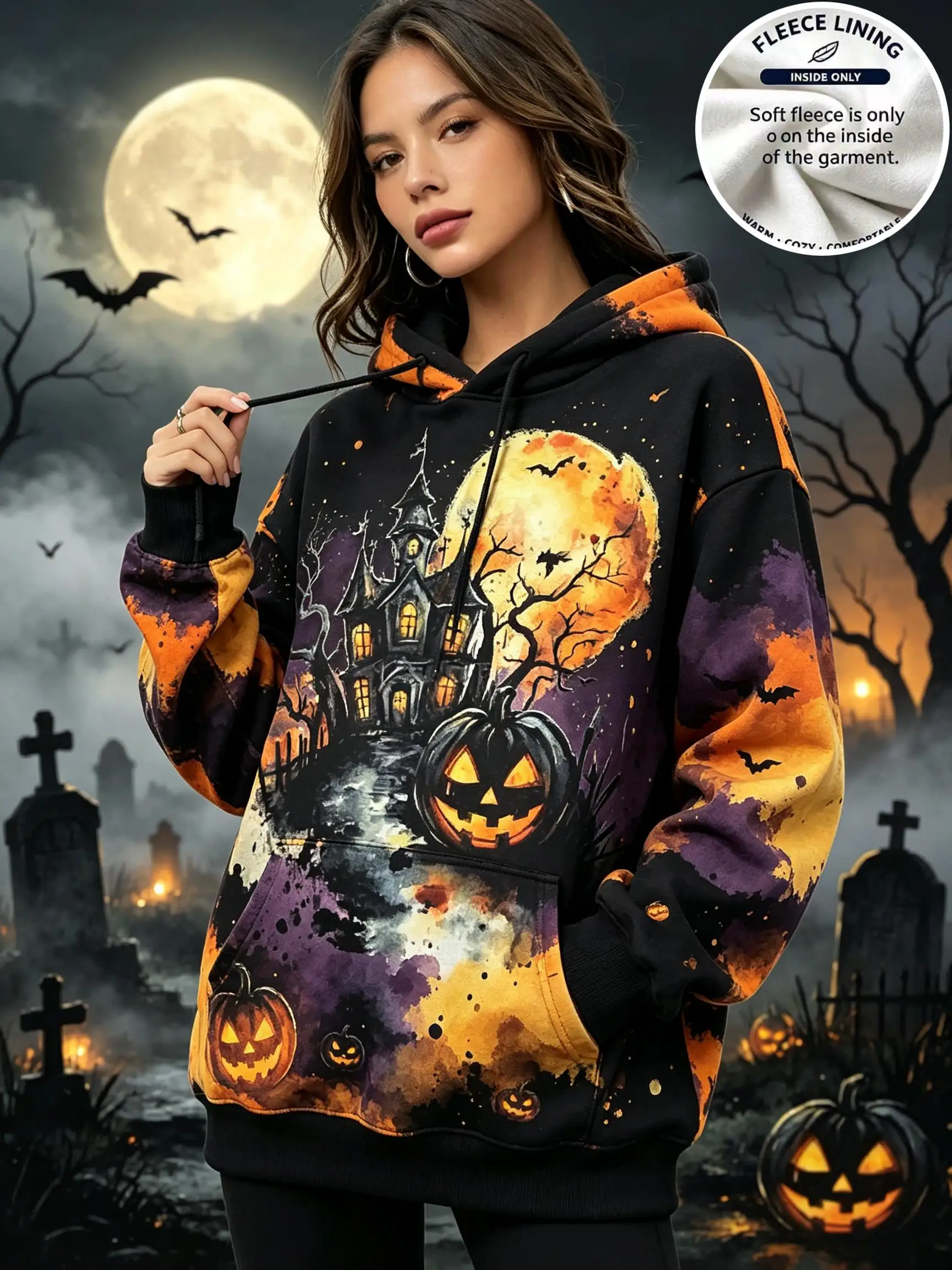 Women Black Burgundy Gradient Halloween Haunted House Moon Pumpkin Hoodie War
