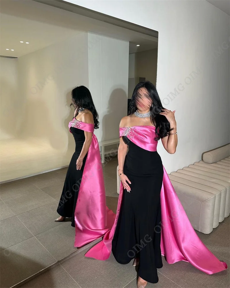 OIMG Pink/Black Beads Prom Dresses Saudi Arabic Women Pleats Strapless Evening Gowns Formal Party Dress Celebrity Customized