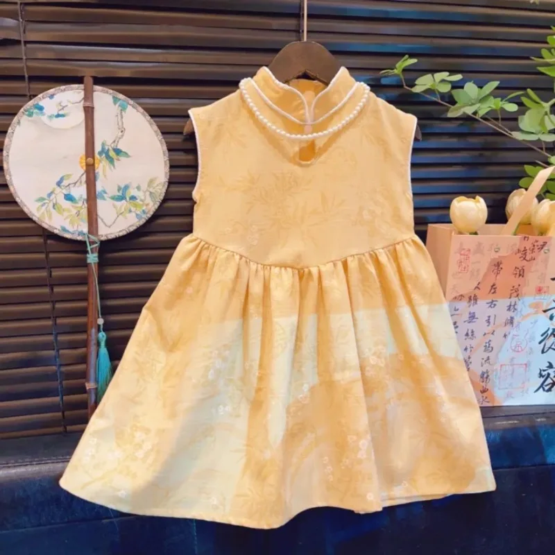 Sleeveless Modified Cheongsam Dress, New Summer Product for Girls, New Chinese Style, Fashionable Stand Collar Jacquard Long Dre
