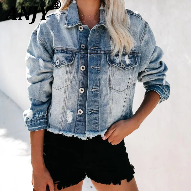 

ANJY Autumn New Women Ins Sexy Short Denim Jacket Long Sleeved Single Breasted Pockets Distressed Vintage High Street Coat A9125
