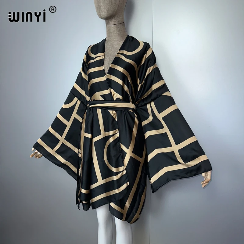 WINYI print kimono beach outfits women Swim Suit Cover up boho Cardigan stitch Self Belt Holiday long Sleeve coat holiday kaftan