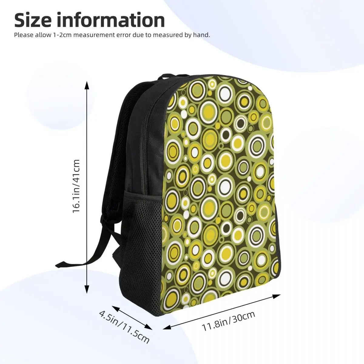 Custom Green Yellow White Circle Retro Pattern Travel Backpack Women Men School Computer Bookbag College Student Daypack Bags