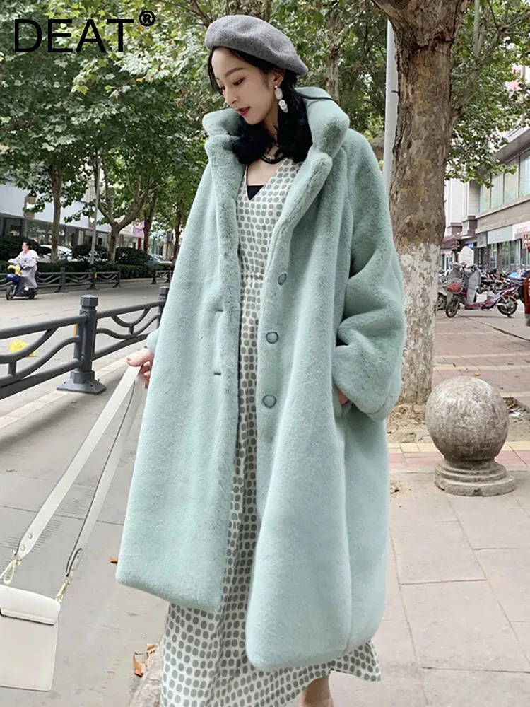 DEAT модное зеленое пальто из искусственного меха, женское свободное однобортное плюшевое толстое пальто средней длины с лацканами, новинка зимы DEAT модное зеленое пальто из искусственного меха, женское свободное однобортное плюшевое толстое пальто средней длины с лацканами, новинка зимы