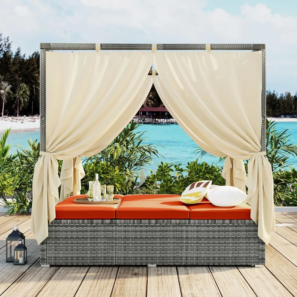 Outdoor Canopy Bed Patio Adjustable Sunbed Daybed with Retractable Canopy, Rattan Sun Lounger Patio Loveseat Sofa Set