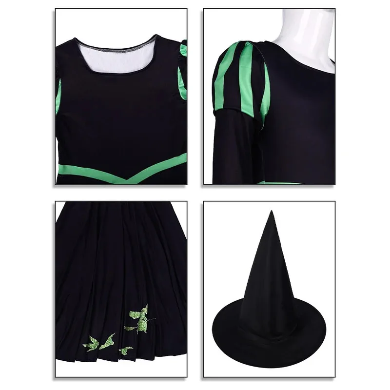 

CyWicked Witch Elphaba Cosplay Costume Kid Glinda Pink Princess Dress Girl Roleplay Outfit Carnival Costume Crown Hat Wig Props