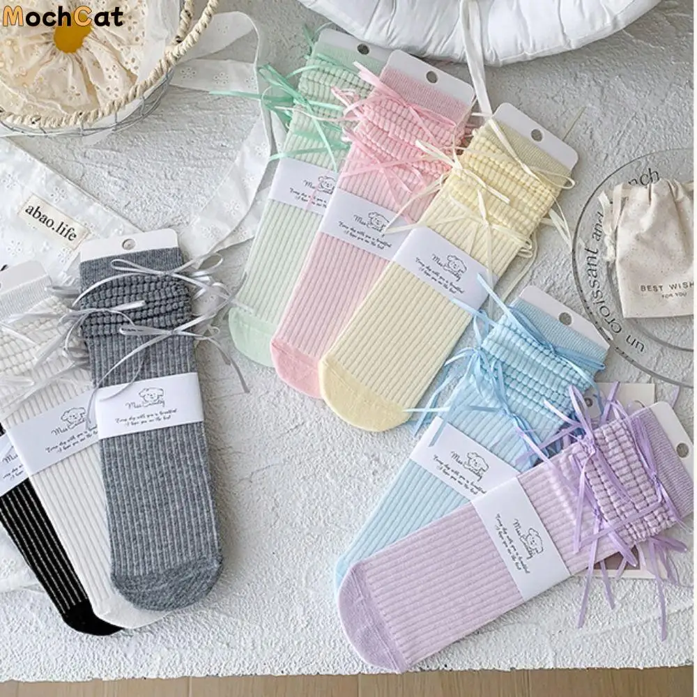 

Solid Color Balletcore Socks Korean Style Ribbon Bow Mid-Tube Hosiery Cloth Accessories Autumn&Winter Thin Stockings Toddle