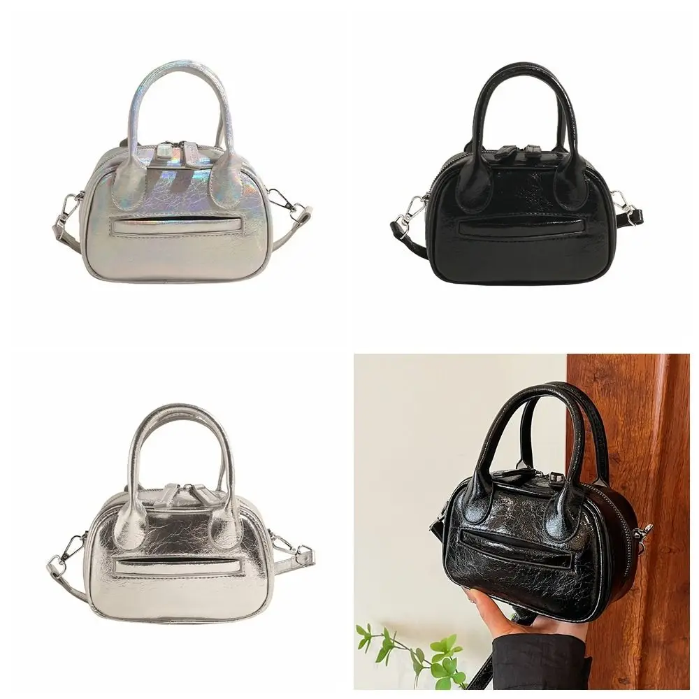 Fashion Korean Style Bowling Shoulder Bag Handbag Minority Design Boston Crossbody Bag Silver French Style PU Square Bag Female