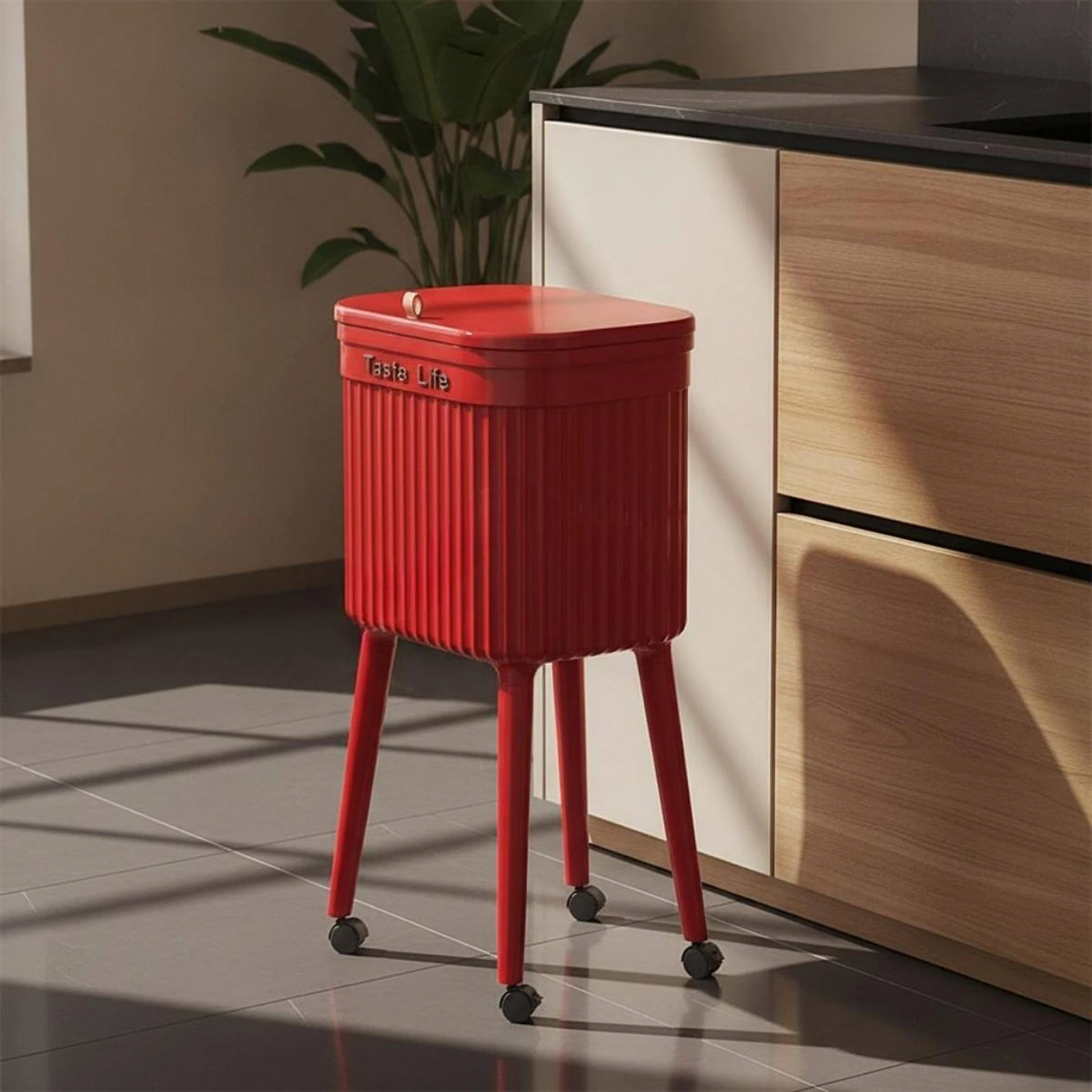 Lidded Trash Can with Stand Raised Trash Can with Wheels Wastebasket Ribbed Waste Receptacle Compact for Kitchen