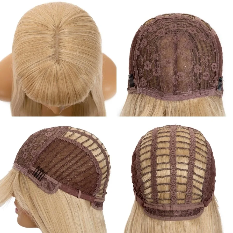 Seidige, weiche, gerade Perücke mit Pony für Frauen in dunklen Wurzeln, Ombre-Blondes Kunsthaar, natürlich, modisch, langer Frisur, Hitzebeständig