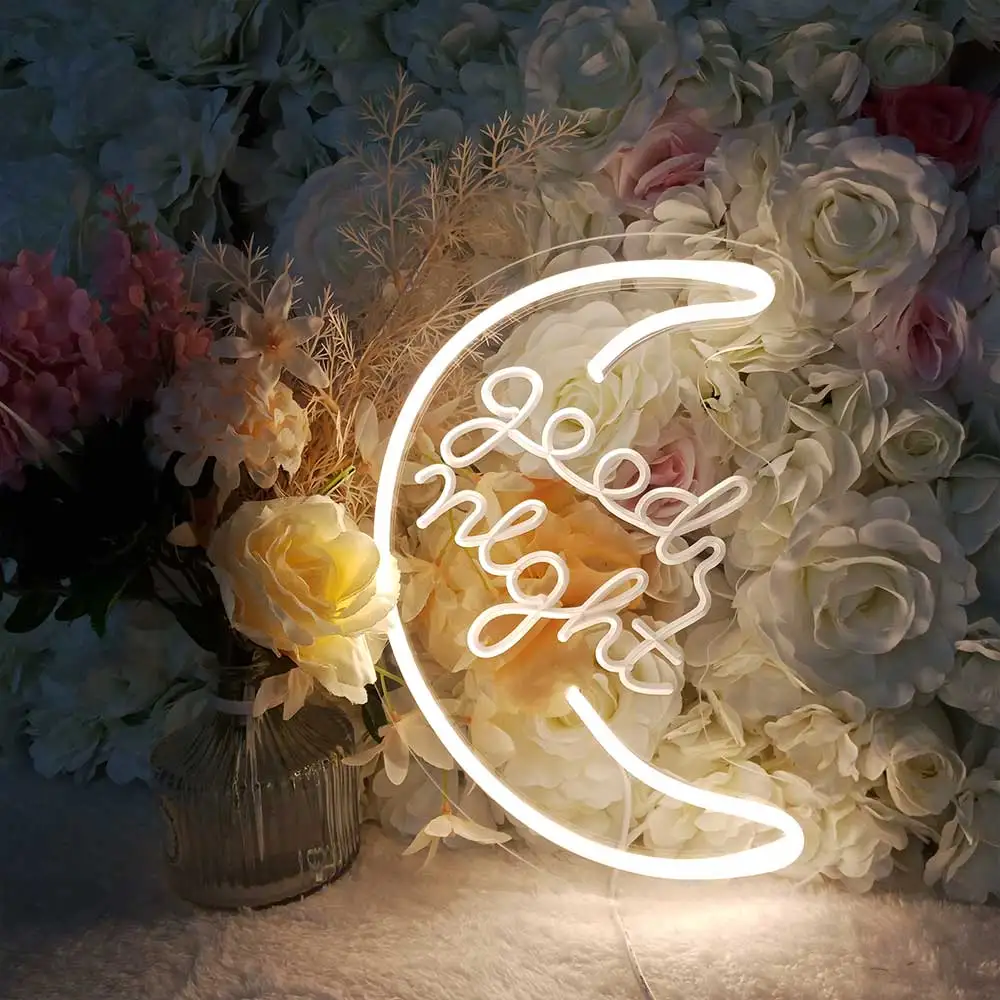 Moon Shape Good Night LED Neon Sign Warm White USB Powered with Dimmer 12.2X11.4in 5V for Room Decor Night Lamp LED Lights Gift