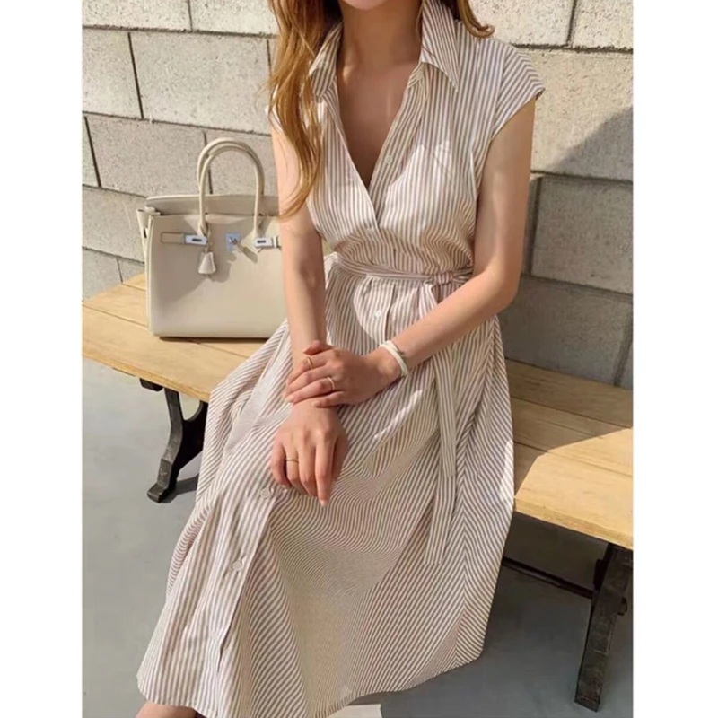 REALEFT Camicia da donna a righe vintage estiva Abiti 2025 Nuova vita alta monopetto senza maniche Abito casual allentato femminile