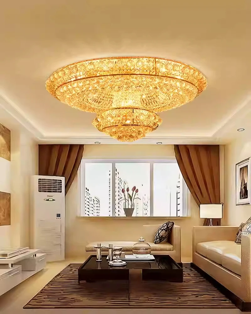 

Luxury double-layer crystal lamp, living room ceiling light, LED remote control lighting, villa hotel lobby lighting, circular