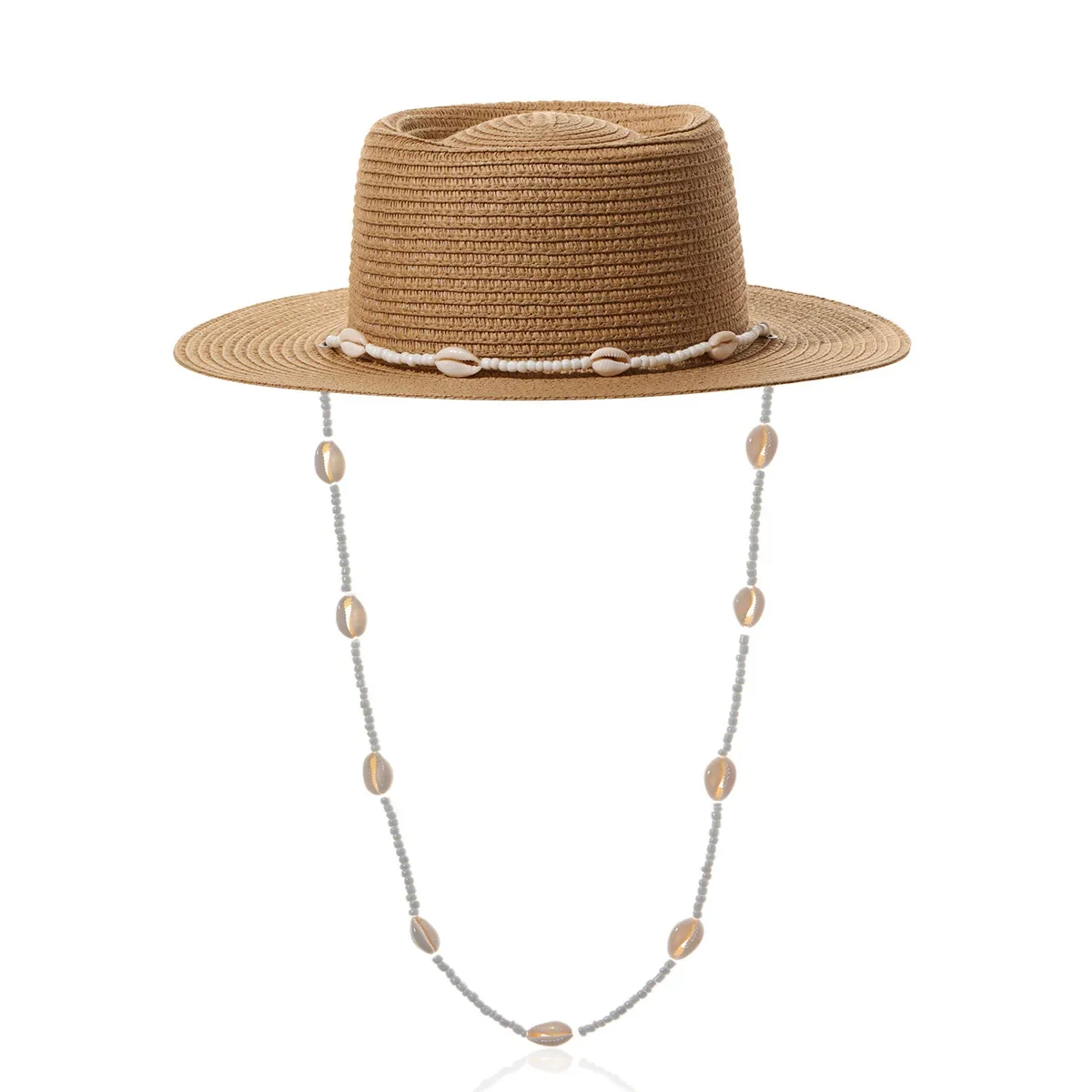 Personalisierter Trend, Muschelhalskette, Strohhut, Sonnenschutz für Frühling und Sommer, Damen-Sonnenhut, faltbarer Strohhut mit konkavem Oberteil