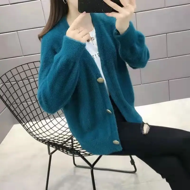 2023 Spring and Autumn Women\'s New Fashion Commuter Mink Fleece Cardigan Coat Loose Korean Short Comfortable Versatile Sweater