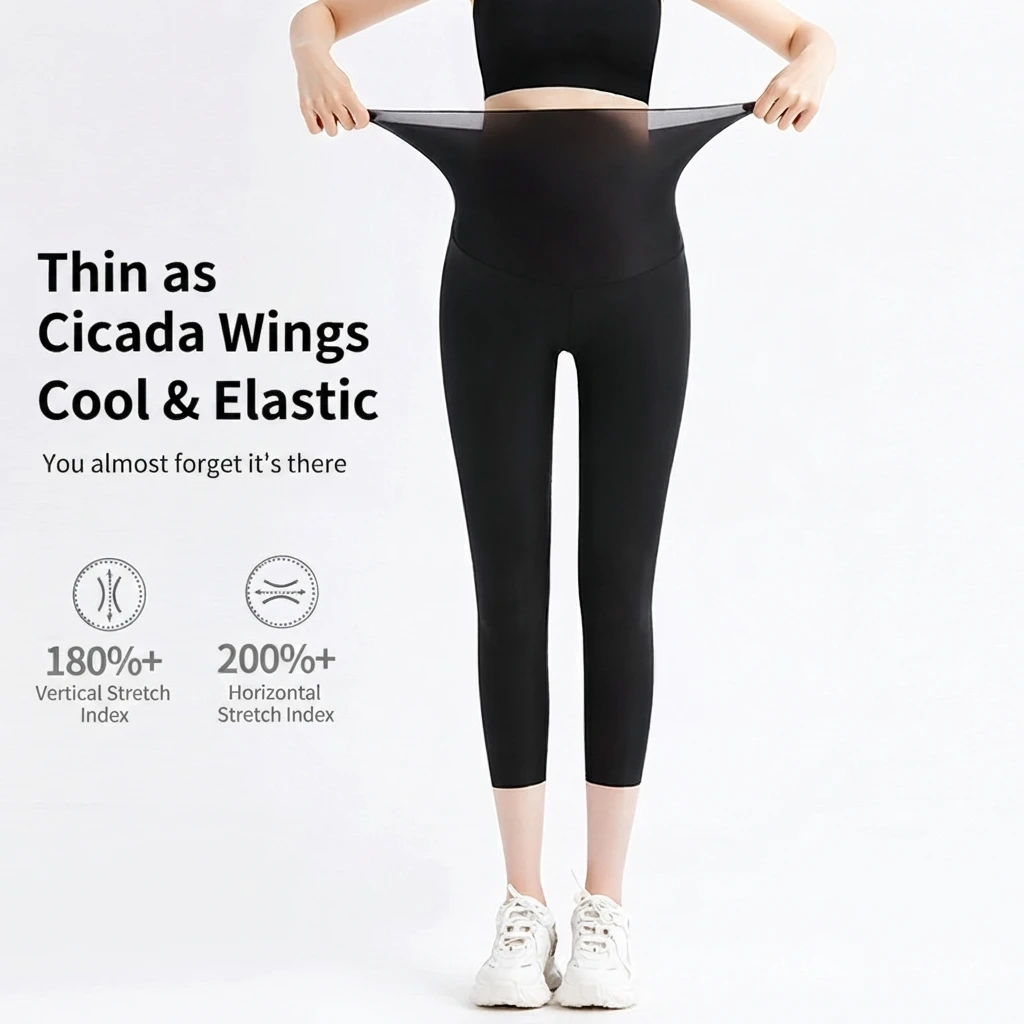 Maternity Leggings Shark Skin Fabric Belly Support Thin Summer Outer Wear Pregnancy Pants Women Stretch Comfortable