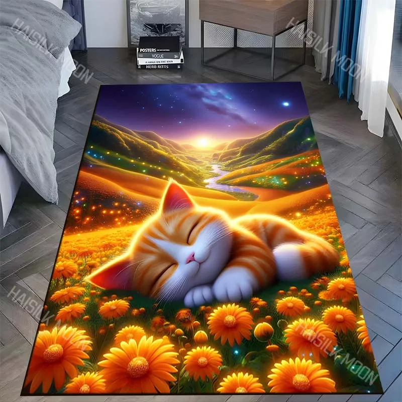 Orange cat in a sea of flowers under the starry sky Carpet for Living Room Bedroom Sofa Home Decor Rus Non-slip Floor Mat
