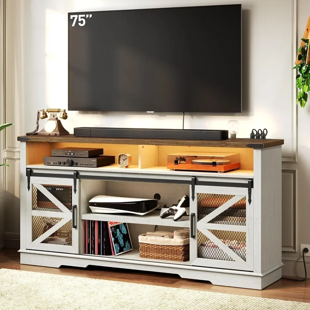 Farmhouse TV Stand for 75 inch,LED with Power Outlet & USB Ports, 33