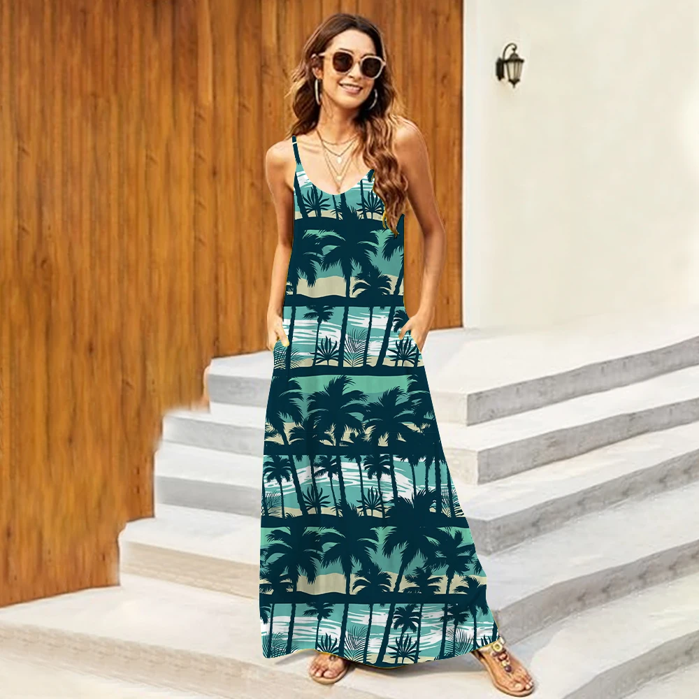 

Fashionable Sleeveless Spaghetti Strap Dress Hawaiian Style Coconut Tree Printed Camisole Long Dress Summer Women's Clothing