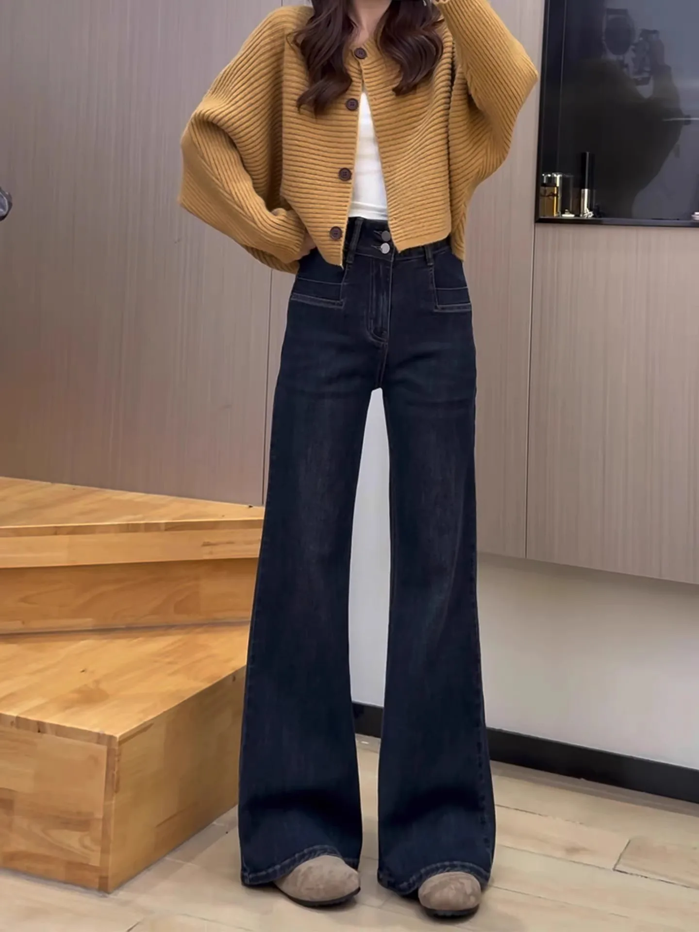 

Ретро джинсы с высокой талией, прямые, с флисовой подкладкой, расклешенные, женские, осенне-зимние, новые, маленькие размеры, не облегающие