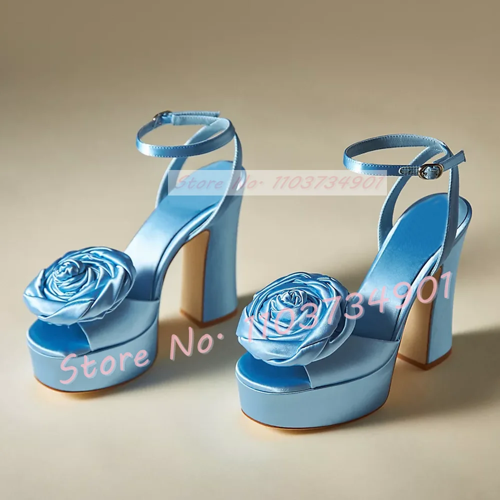 Classy Blue Rose Satin Platform Sandals Female Open Toe Block High Heels Shoes Women Party Wedding Ankle Strap Big Size Sandals