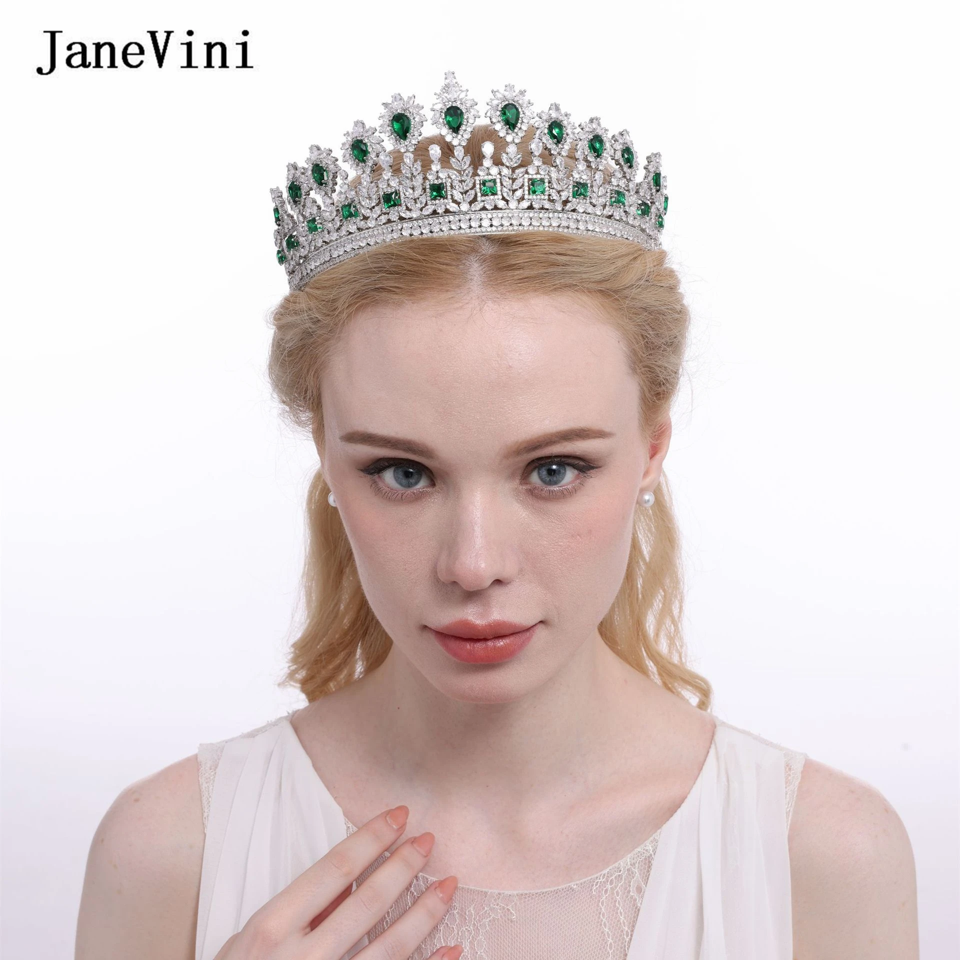 

JaneVini Shiny Green Crystal Headwear Luxury Jewelry Crown for Wedding Bridal Tiaras Full Zircon Crowns Wedding Hair Accessories