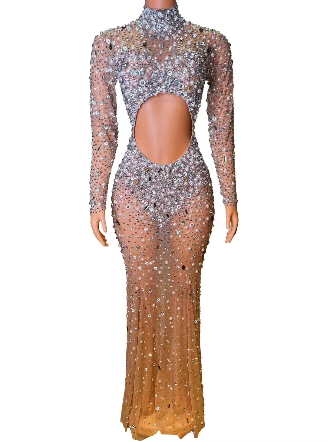 Sexy Brilliant Nightclub Bar Female Singer FullDiamond Mesh Perspective Hollow Long SleeveWrapped Hip Model Performance