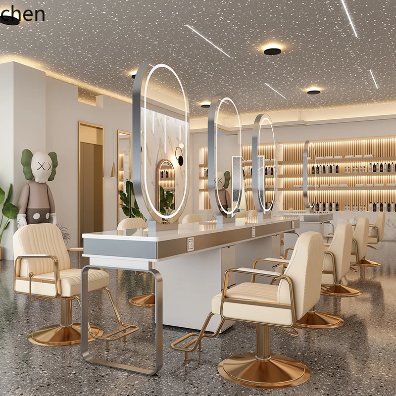HT high-end barber shop mirror table hair salon special marble countertop perm and dyeing table with cabinet