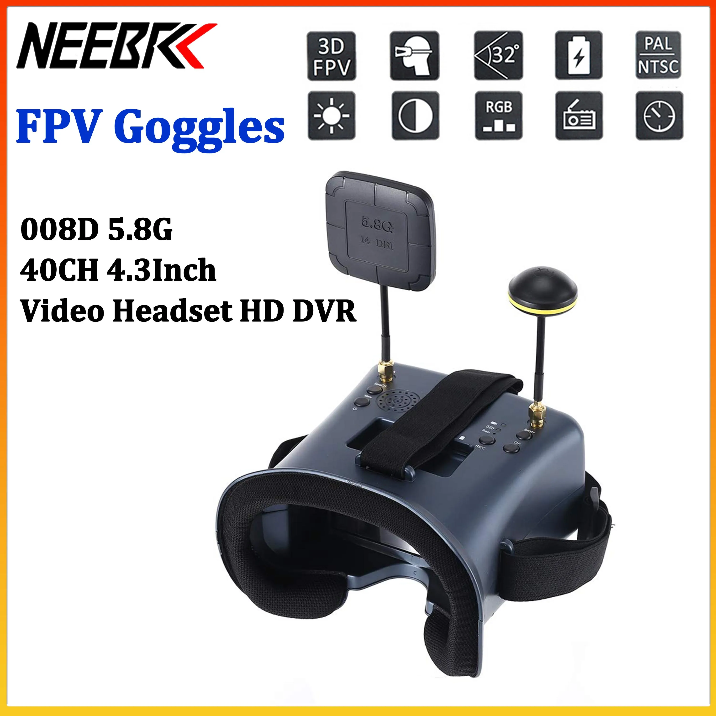 FPV Goggles 008D 5.8G 4.3Inch Video Headset HD DVR with 2000mAh Battery 40CH Receiver for RC Model RC Racing Drone Quadcopter