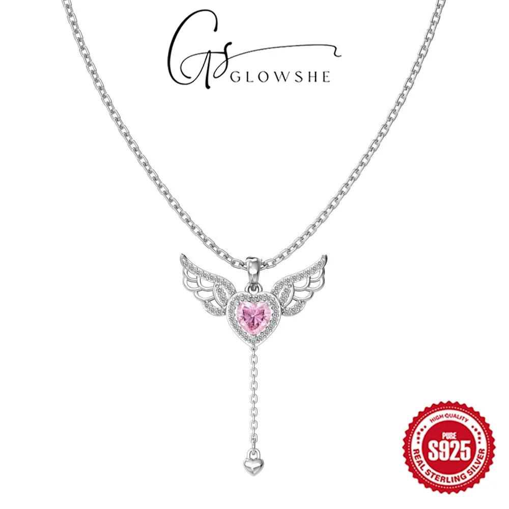 

Glowshe 925 Sterling Silver 5A Zircon Wings Heart Necklace Banquet Design Luxury Jewelry 2025 New Elegant Collarbone Chain Gift