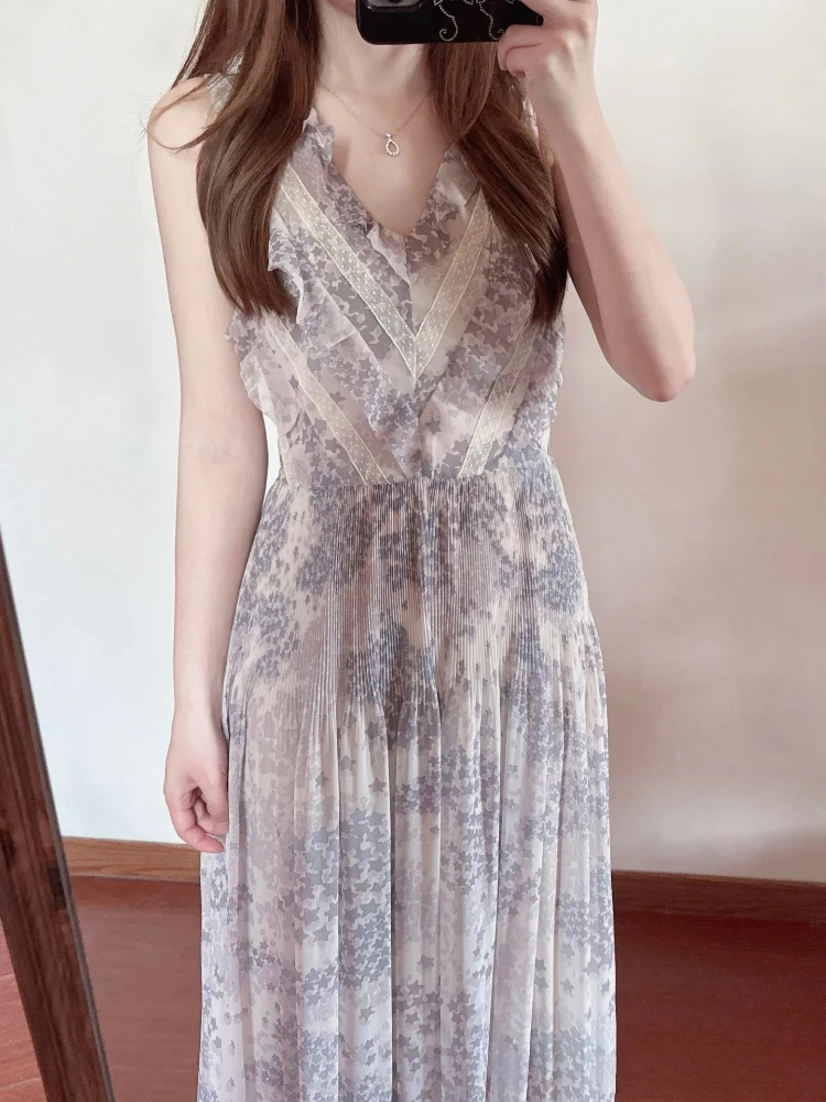 

French Style Summer 2025 New Sweet Dress Women V-neck Lace Patchwork Fungus Sleeveless Robe Chic Termperament Japanese Vestidos