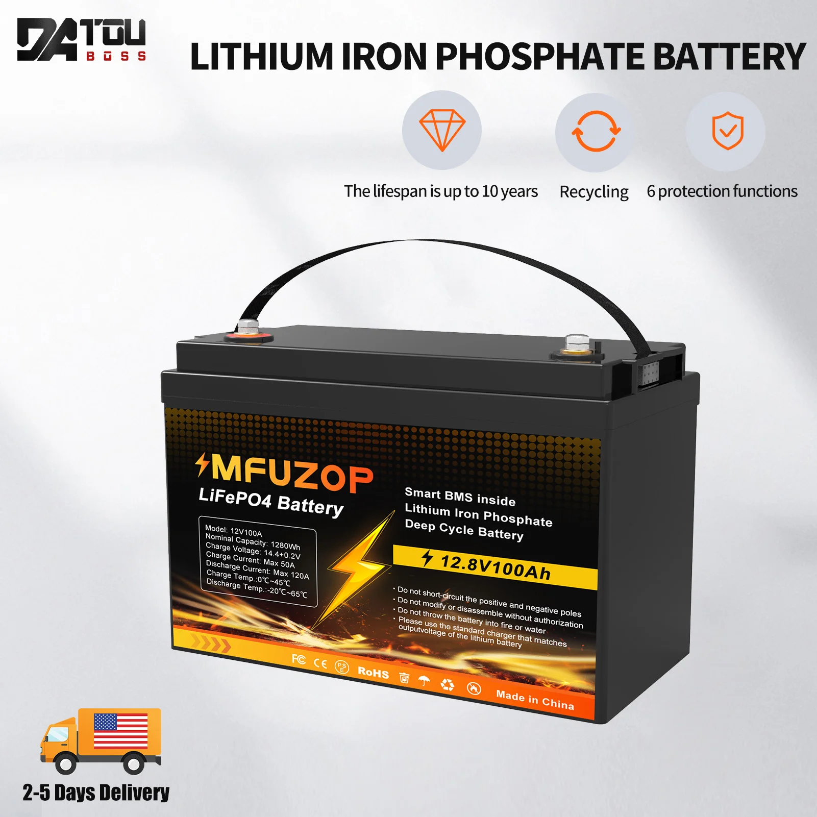 DTOUBOSS U.S. Warehouse Original Lithium LiFePO4 Rechargeable BMS 12V 100Ah For Solar System RV Outdoor Travel Home