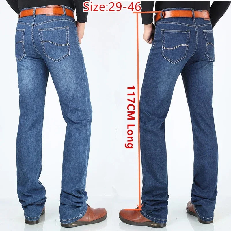 特大ロングパンツ 117CM丈 メンズ 195CM プラスサイズ 42 44 46 クラシックブルー ストレッチ ハイウエスト ゴム入り トラウザーズ デニム スリムジーンズ