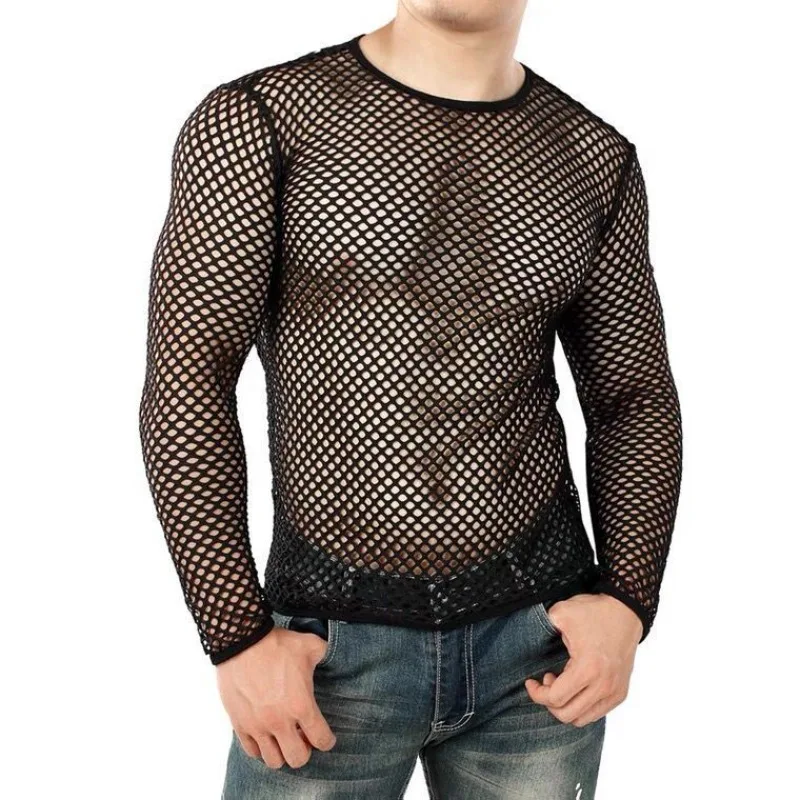 Men's Breathable Mesh Long Sleeve T-Shirt Round Neck Hollow Out Large Holes Trendy Plus Size Fashion European Style Pullover