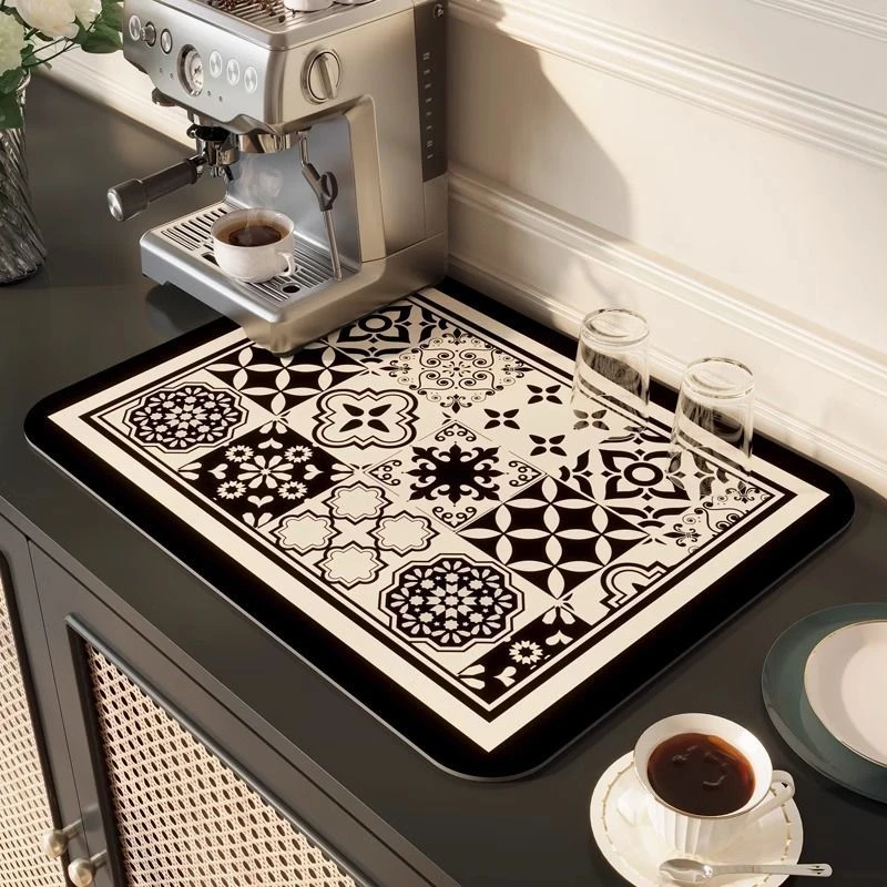 VIKAMA Kitchen Drain Mat Black White Vintage Pattern Print Kitchen Counter Mat Highly Absorbent Fast Drying Anti Skid Flexible