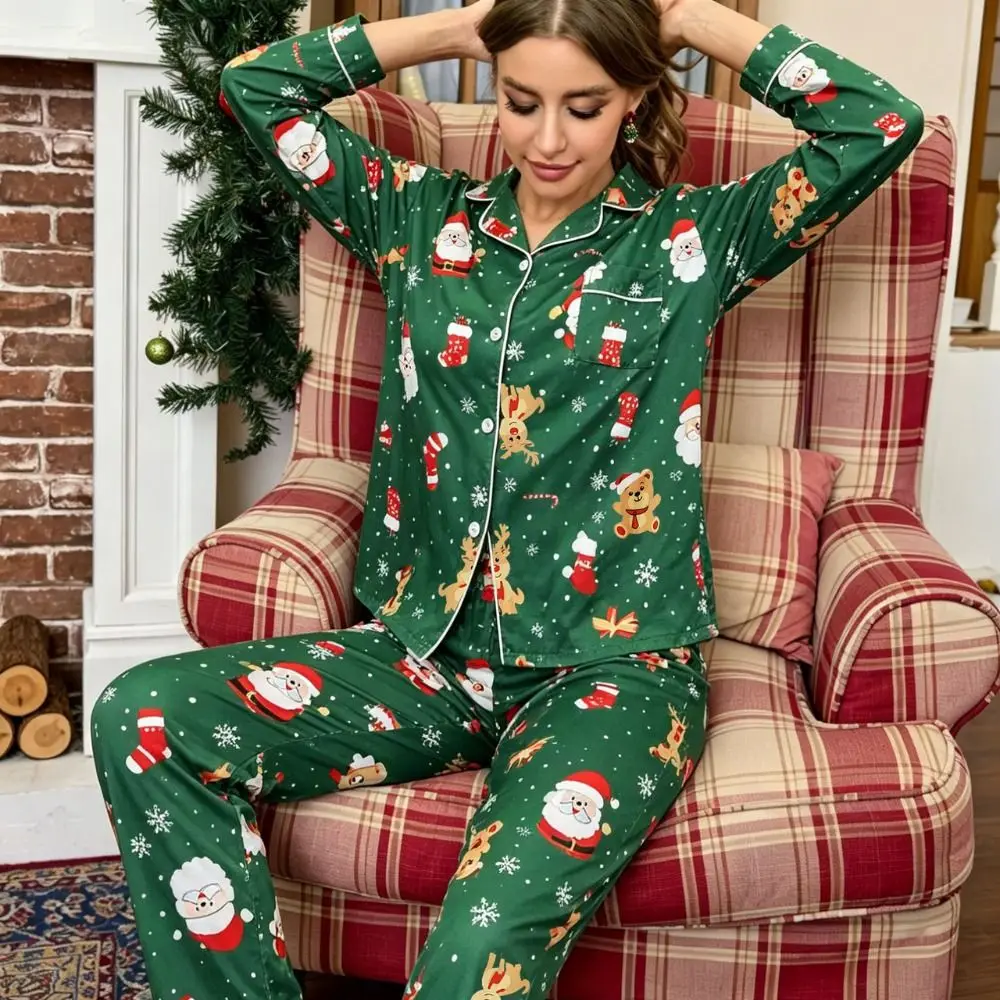 New Arrival Flared Collar Pyjama Set Long Sleeve Long Pants Women's Loungewear Set 2-Piece Set Soft Home Wear Set Home Wear
