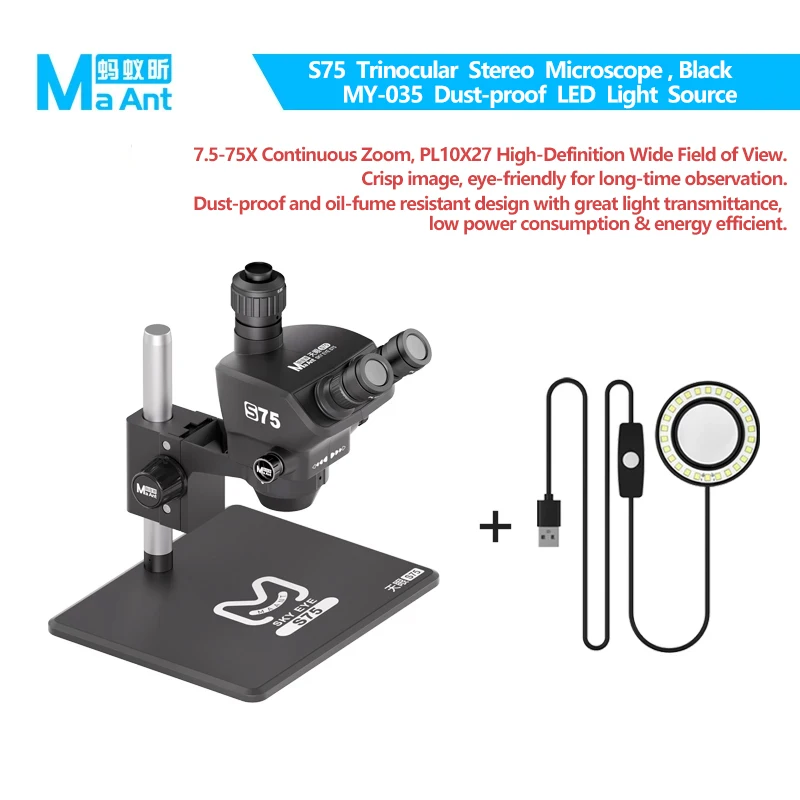 MaAnt Tianyan S75 Trinoculaire Microscoop 7,5X-75X Zoom Industrieel voor Mobiele Telefoon Moederbord PCB Elektronische Lassen Reparatiegereedschap