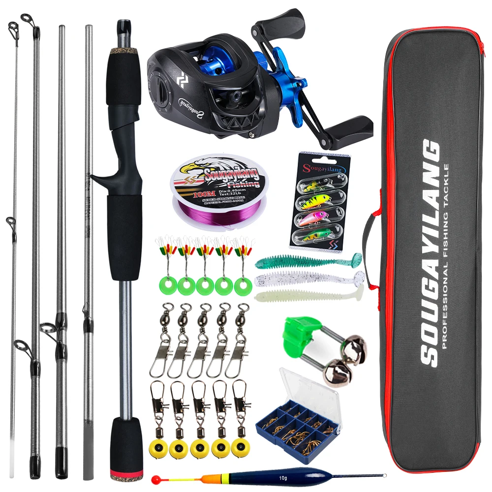 Sougayilang Baitcasting-Angelrute und Rolle, komplettes Kit, 5-teilige Angelrute und Aluminium-Spulenrolle für Süßwasser-Barsch-Angelset 8