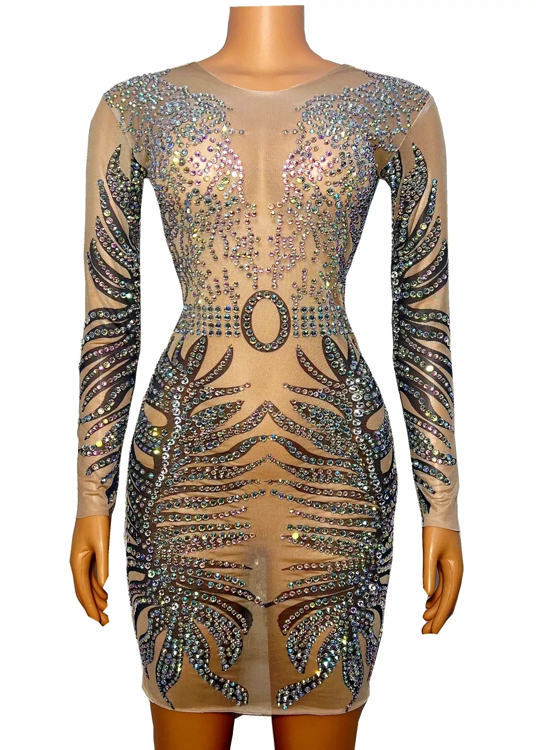 

Evening Outfit Birthday Celebrate Stretch Dress Party Rhinestones Transparent Long Sleeves Mesh Dress stage costume