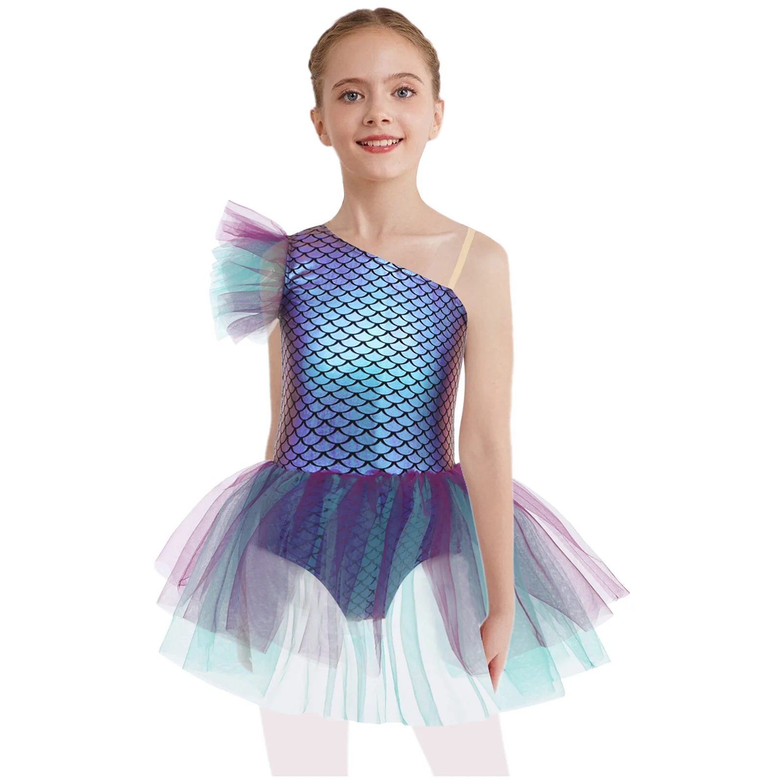 

Girls Halloween Ballerina Costume One Shoulder Sleeveless Mermaid Fish Scales Print Tutu Dress Dance Camisole Leotard Dancewear