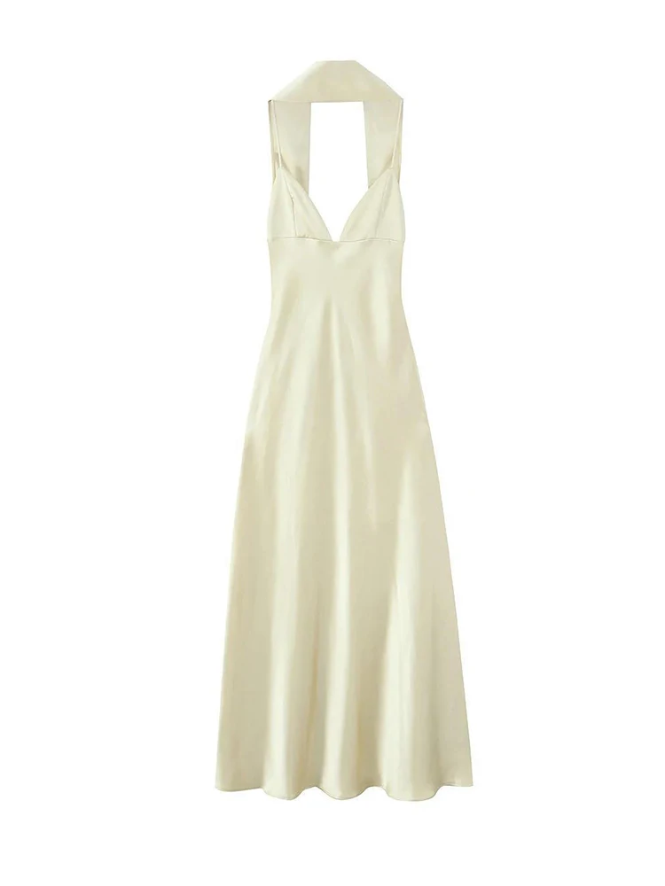 Summer Scarf Spliced Spaghetti Strap Maxi Dress Women Sleeveless V-neck Back Long Dresses