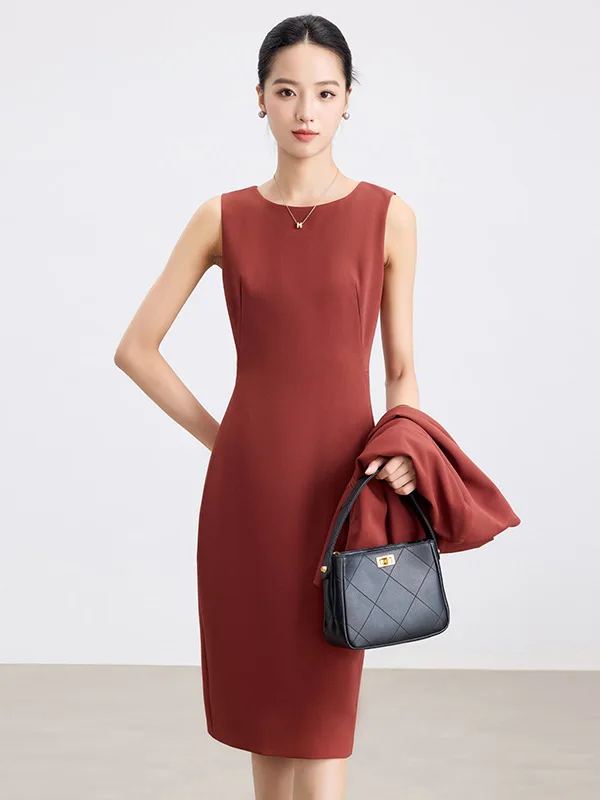 Elegant Ladylike Sleeveless Professional Dress Women's Autumn Fashion Slimming Mid-Length Wrap Waist OL Skirt Polyester Fiber