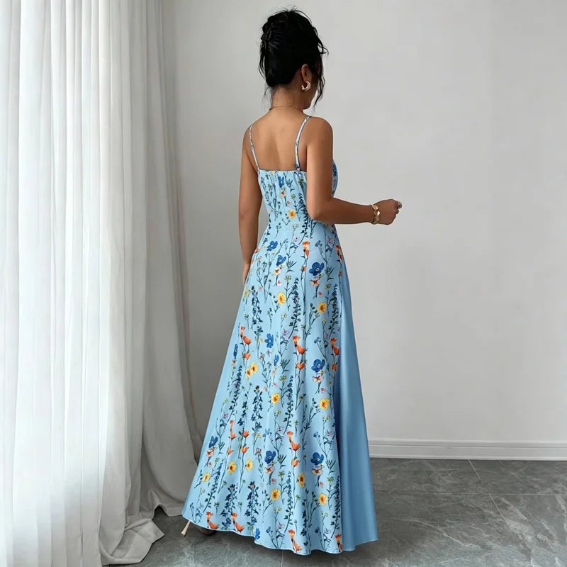 Elegantes Damen-Maxikleid mit Blumenmuster, Spaghettiträgern und Korsett, Fließendes A-Linien-Kleid für Sommer, Strand, Hochzeitsgäste und Urlaub – Detail 3