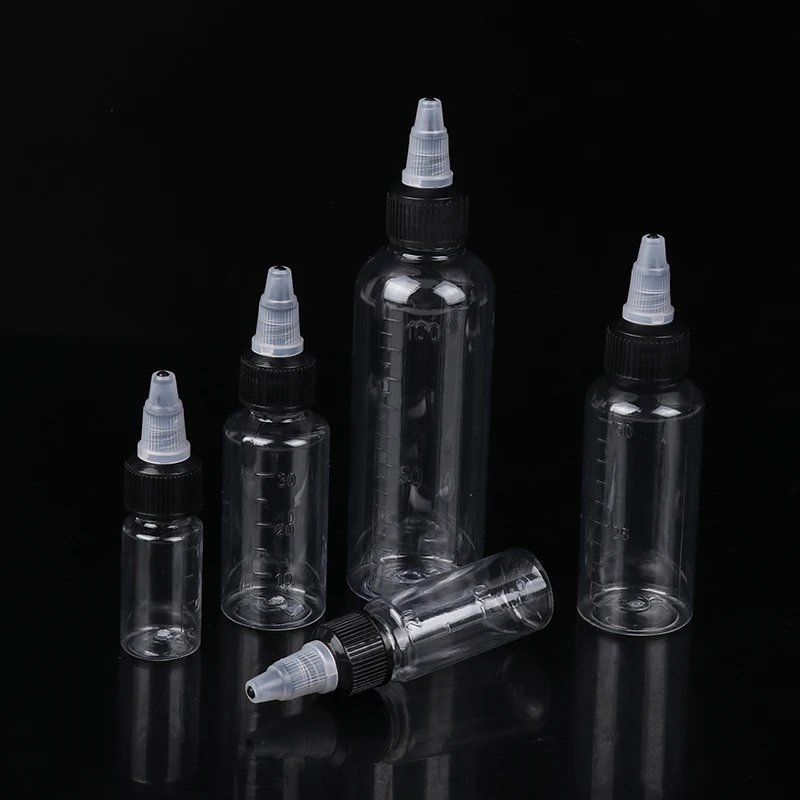 PET โปร่งใสบีบ Dispensing ขวดสําเร็จการศึกษา 10/20/30/50/100ml ย้อมผมเติมสําหรับ Tattoo Pigment