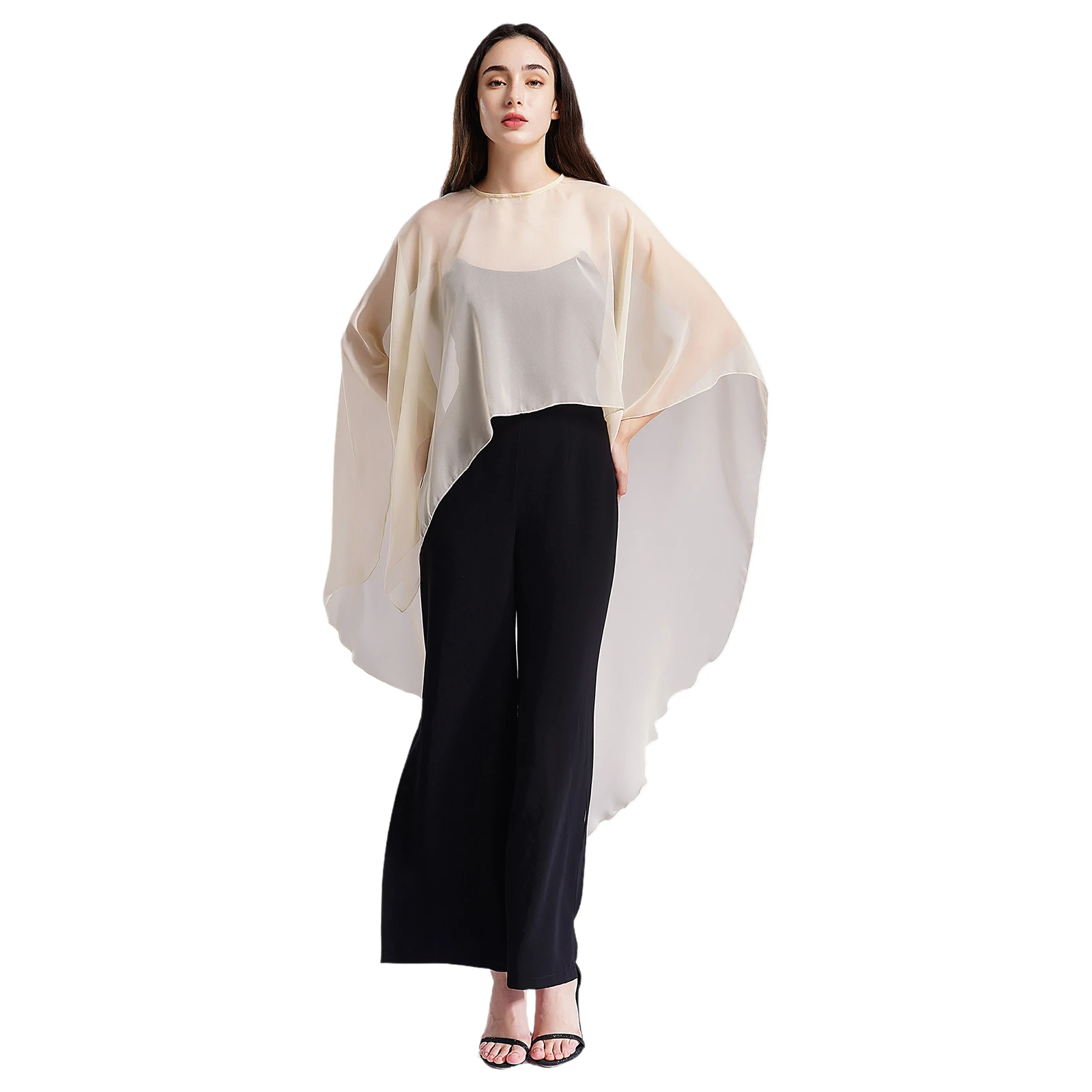 Womens Asymmetrical Sheer Cover-Ups Blouse Thin Coat Round Neck Batwing Sleeve See-Through Chiffon Shrug High Low Hem Shawl Tops